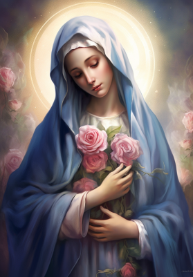 Heavenly Glow Around The Virgin Mary Holding Pink Roses