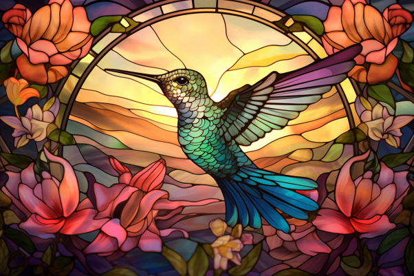 Glorious Hummingbird Sunset Haze On Stained Glass