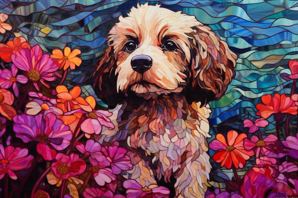 Pup Among Stained Glass Flowers