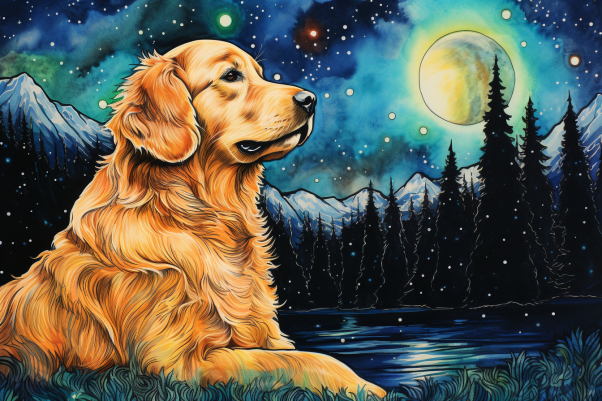 Watercolor Starry Night Golden Retriever