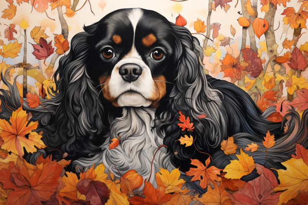 King Charles Spaniel Laying In Leaves