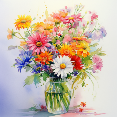 Watercolor Bouquet Of Colorful Daisies