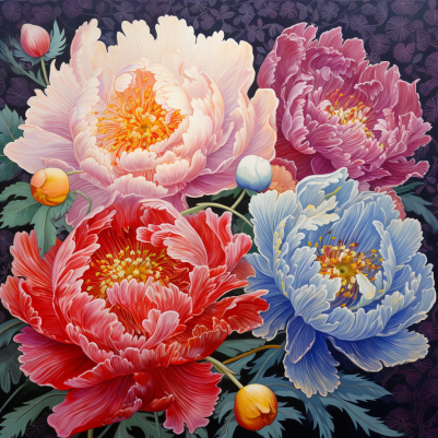 Four Multi Colored Peonies  Diamond Painting Kits