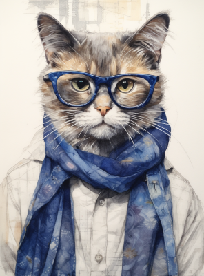 Gray Kitty, Blue Glasses And Scarf