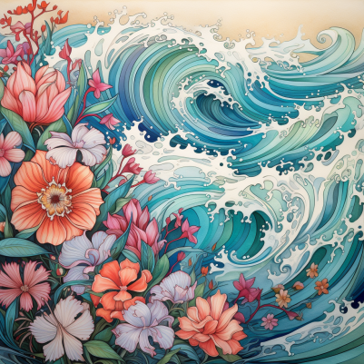 Mesmerizing Ocean Waves And Flowers