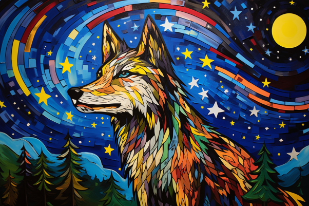 Mosaic Starry Night Wolf   Diamond Painting Kits