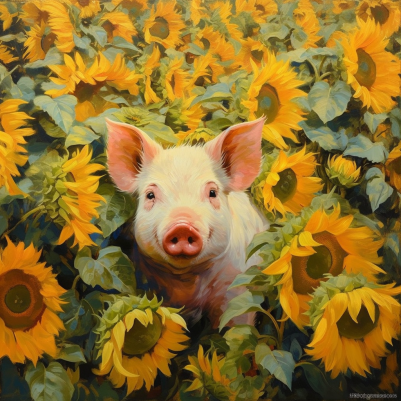 Little Pig In Sunflowers