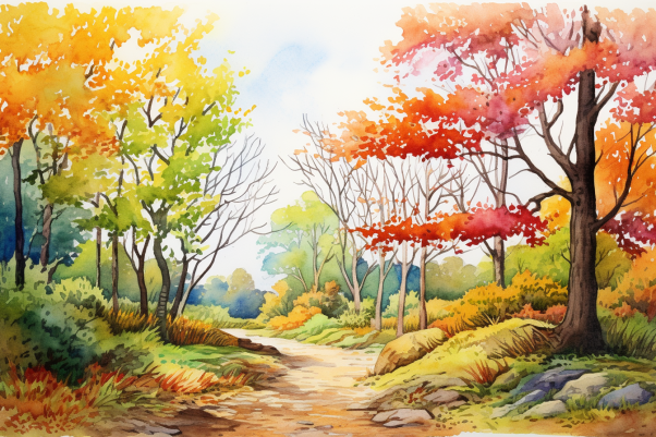 Watercolor Autumn Trees And Path