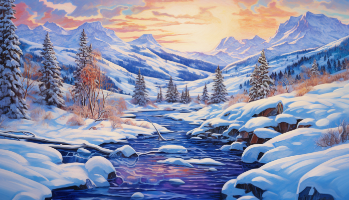 Icy Stream And Snow Covered Mountains  Diamond Painting Kits