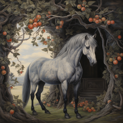 Gray Horse In An Apple Orchard