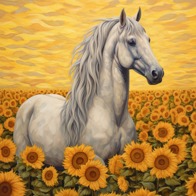 Golden Sky And White Horse And Sunflowers