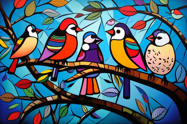 Colorful Playful Fun Birds On A Branch  Diamond Painting Kits
