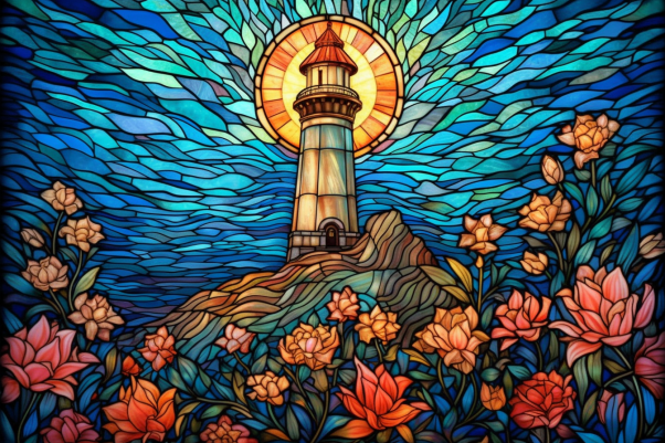 Graceful Lighthouse Shining Bright On Stained Glass