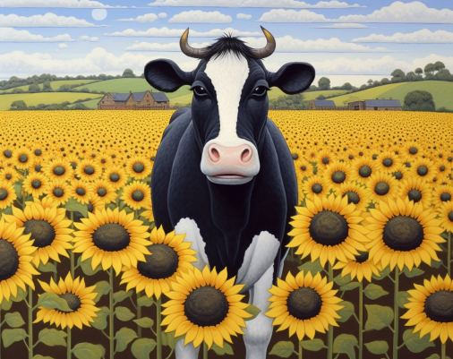Cute Cow In Sunflower Field