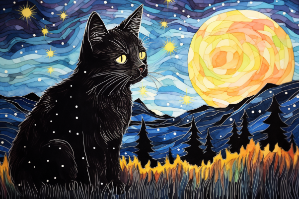 Sad Black Kitty And Full Moon  Diamond Painting Kits