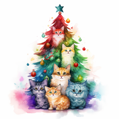 Watercolor Rainbow Kitty Christmas Tree
