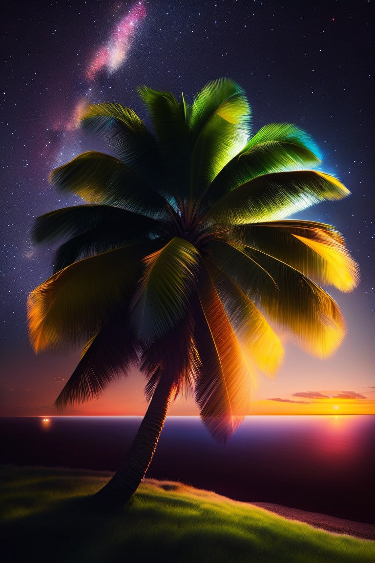 Palm Tree In The Night Calm Seas
