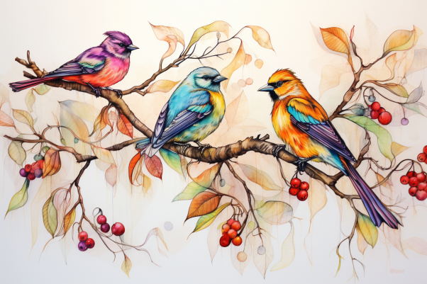 Beautiful Watercolor Birds On A Branch