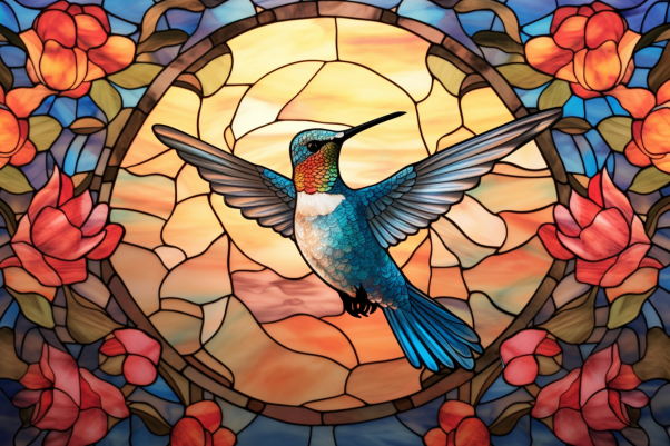 Hummingbird Among Flowers On Stained Glass