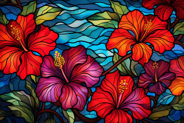 Hibiscus On Stained Glass   Diamond Painting Kits