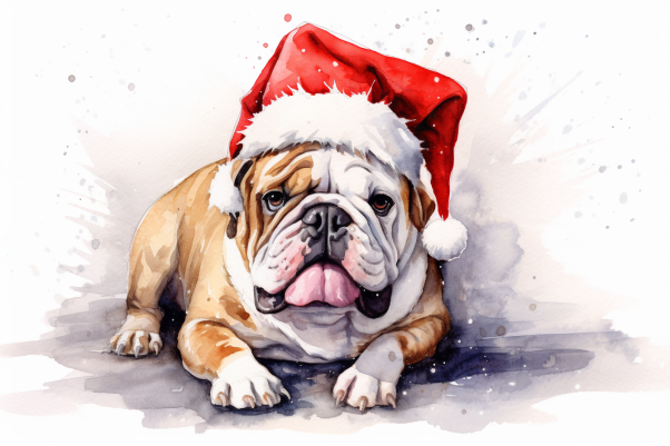 Sweet Christmas Bulldog In Santa Hat