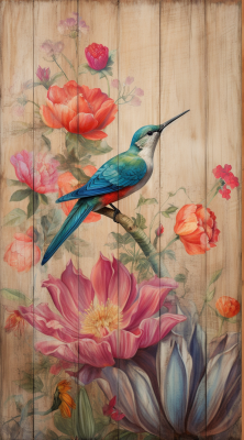 Bird And Flower Painting On Wood