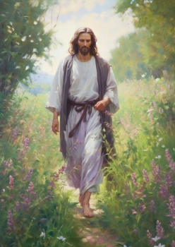 Jesus Taking A Heavenly Walk Through Wildflowers