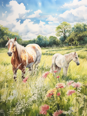 Watercolor Meadow And Horses   Diamond Painting Kits