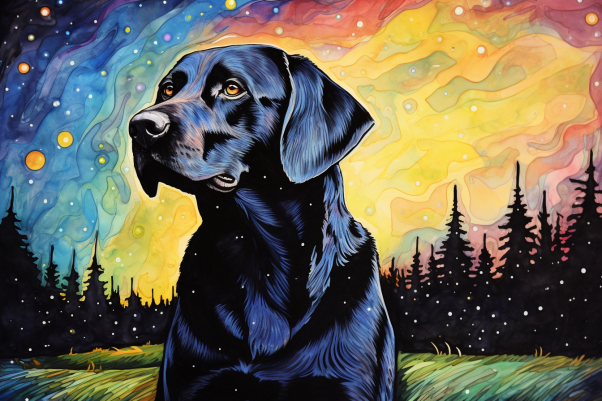 Watercolor Dark Labrador  Colorful Sky