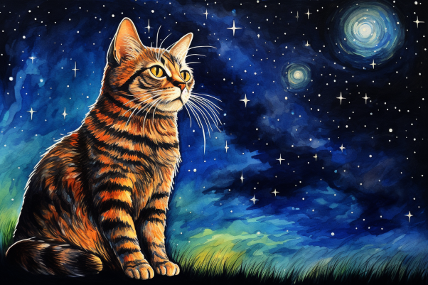 Starry Evening And Tabby Cat  Diamond Painting Kits