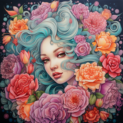 Girl With Blue Hair Among Flowers