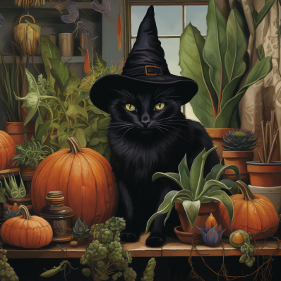 Black Cat In A Witch Hat