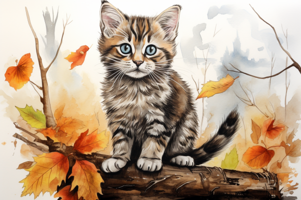 Sweet Tabby Cat In Fall