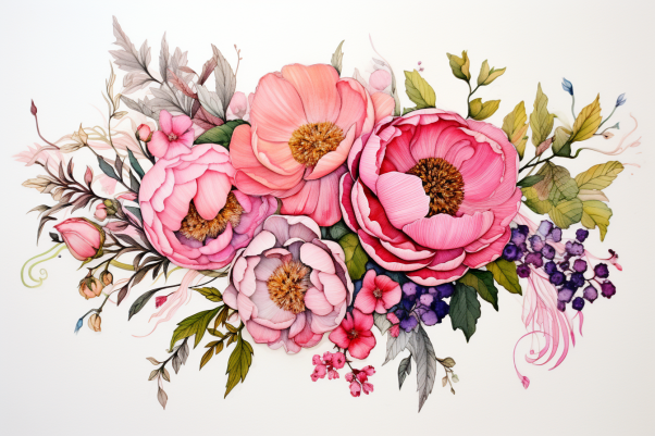 Watercolor Blooming Peonies