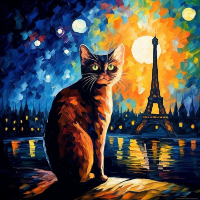 Sweet Kitty And Eiffel Tower On A Starry Night