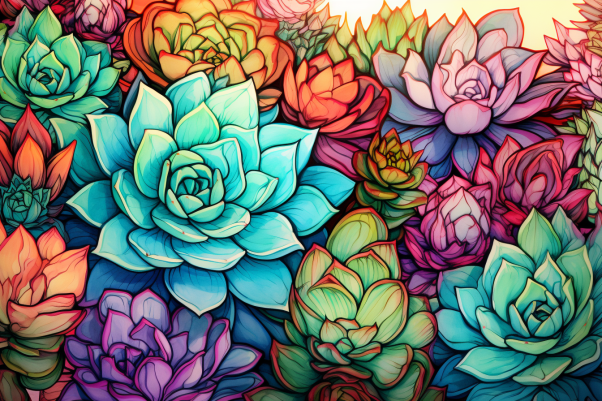 Closeup Vibrant Watercolor Succulents