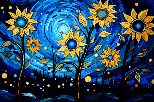 Sunflowers Blue Starry Night