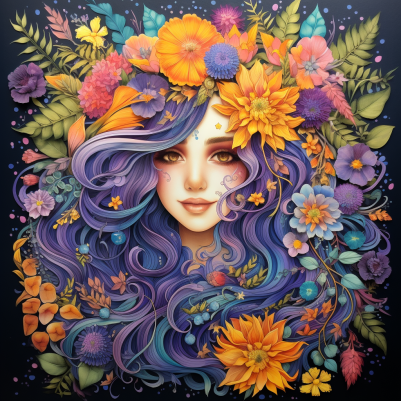 Purple Hair Girl Amongst Flowers
