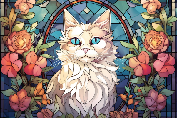 Graceful White Kitty On Stained Glass  Diamond Painting Kits