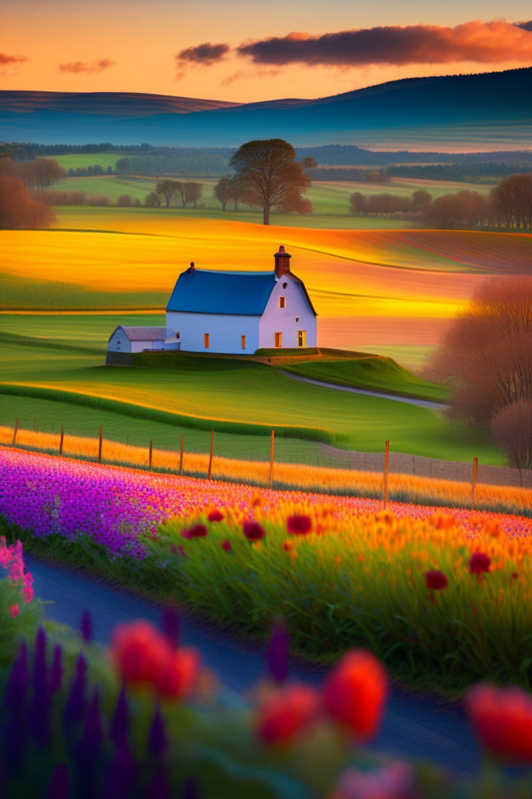 Little White Farm House, Fields Of Flowers
