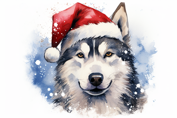 Christmas Siberian Husky In Santa Hat