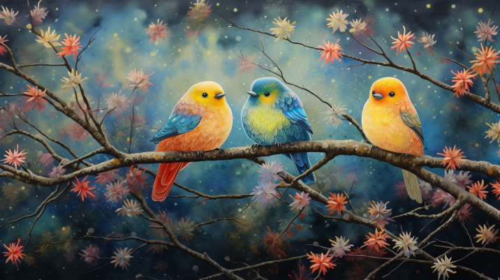 Three Sweet Birds On A Branch