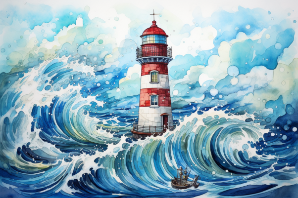 Mighty Waves And Lighthouse