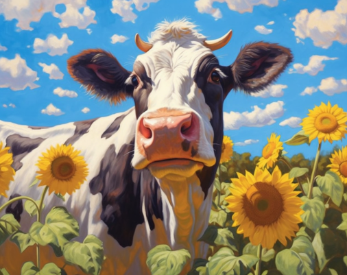 Cow In Sunflower Field With Blue Sky