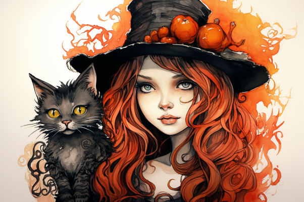 Halloween Witch And Her Kitty