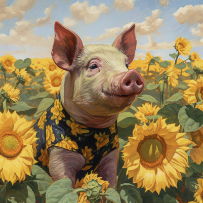 Sweet Piggy And Sunflowers