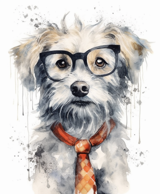 White Dog, Black Glasses, Orange Tie