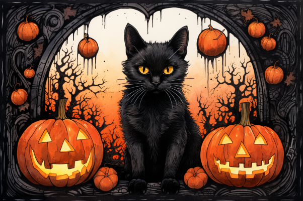 Halloween Cat With Pumpkins