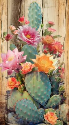 Colorful Cacti And Blooms On Wood