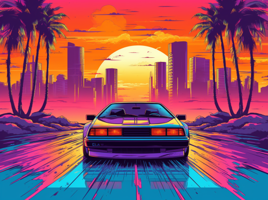 Retro Sunset And Car